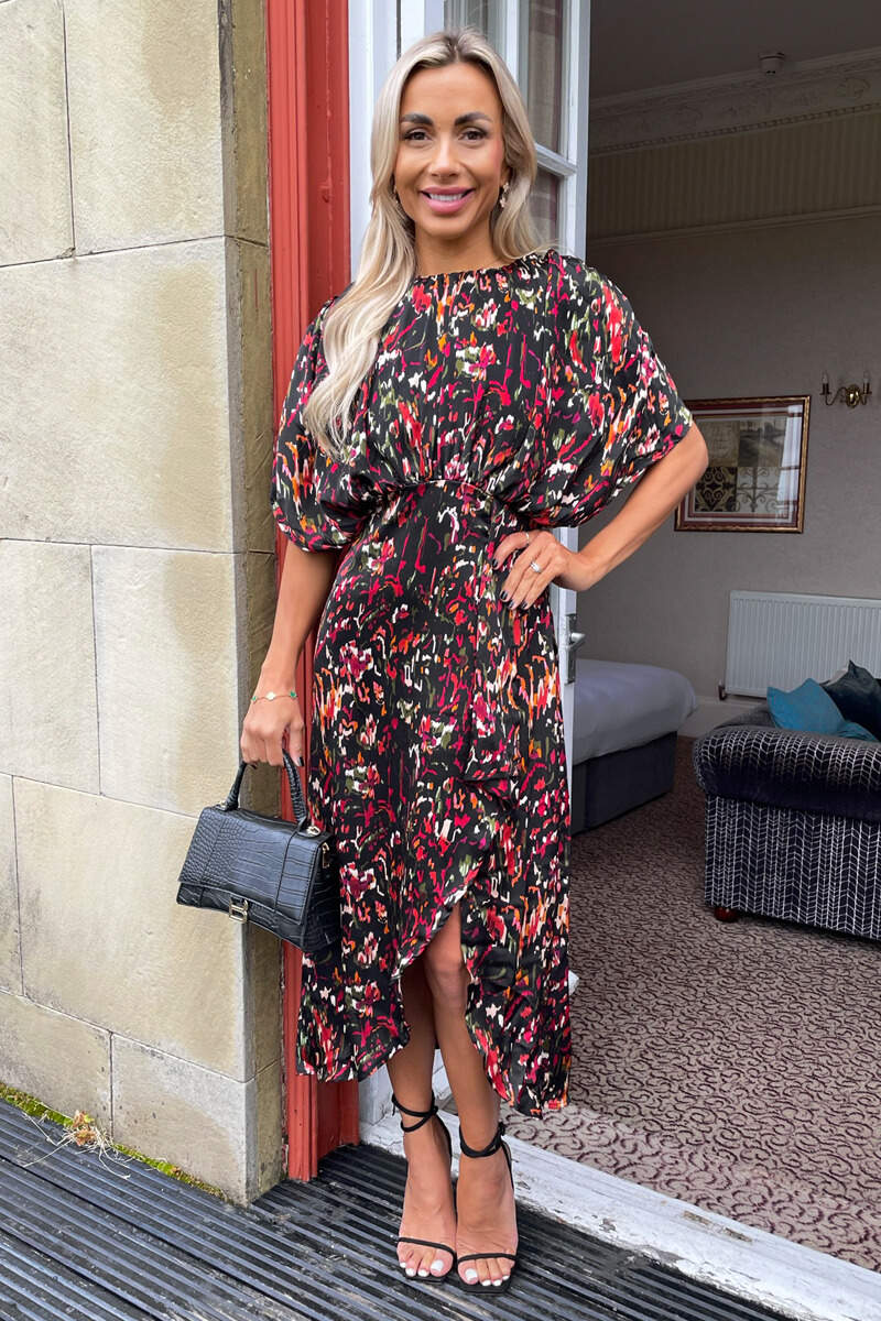 Multi Print Batwing Top Wrap Skirt Midi Dress