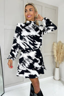 Black and White High Neck Long Sleeve Skater Dress