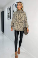 Beige Animal Print High Neck Long Sleeve Top