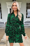 Green Animal Print Button Front Shirt Dress