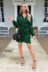 Green Animal Print Button Front Shirt Dress