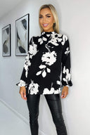 Black And White Print Ruffle Neck Long Sleeve Top