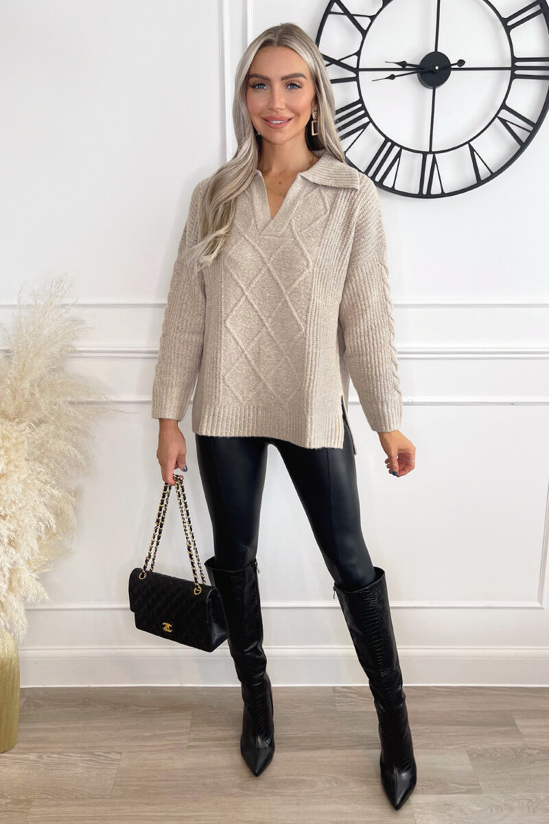 Oatmeal Collared Cable Knit Jumper