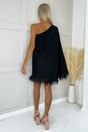 Black One Shoulder Batwing Sleeve Faux Feather Hem Dress