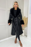 Black Faux Fur Trim Leather Look Long Coat