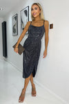 Gunmetal Metallic Sparkle And Sequin Strappy Midi Dress