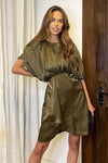 Olive Animal Print Batwing Gathered Top Mini Dress