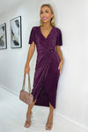 Plum Short Sleeve Plisse Wrap Midi Dress