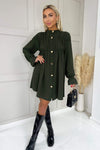 Olive Long Sleeve Gathered Detail Button Front Dress