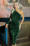 Green Velvet One Sleeve Ruched Midi Dress