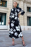 Black And White Print Draped Shirt Midi Dress