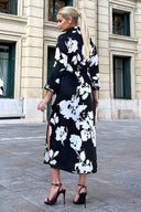 Black And White Print Draped Shirt Midi Dress