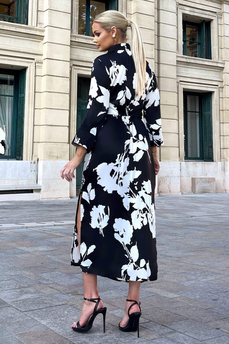 Black And White Print Draped Shirt Midi Dress