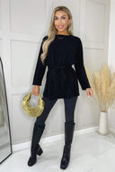 Black Ribbed Knit Long Sleeve Tie Waist Lounge Top