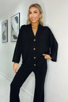 Black Ribbed Knit Button Front Lounge Cardigan