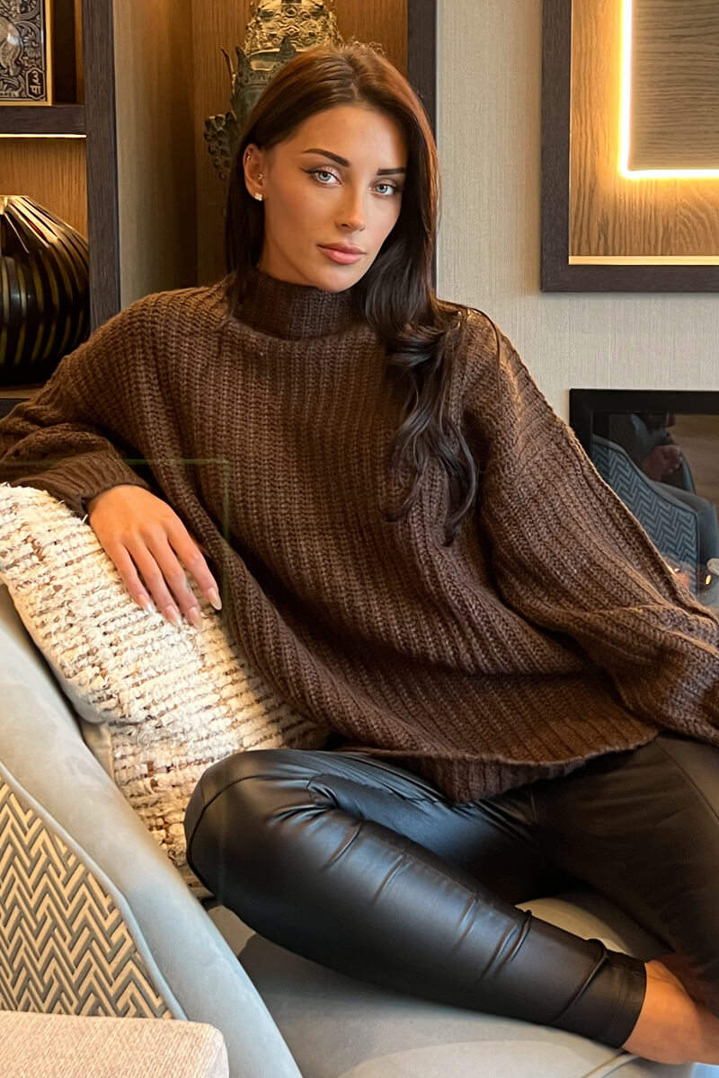 Chocolate Mock Neck Oversized Knit Jumper