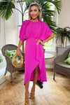 Hot Pink Batwing Top Wrap Skirt Midi Dress