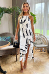 Black And White Frill Hem High Neck Midi Dress