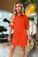 Orange Frill Detail Gold Button Front Shirt Dress