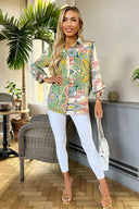 Green Paisley Multi Print Button Front 3/4 Sleeve Shirt