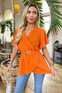 Orange Short Sleeve Wrap Belted Top