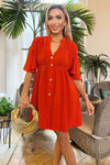 Burnt Orange Button Up Ruched Detail Smock Dress