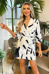 Black And White Printed Wrap Top Mini Dress