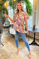 Multi Paisley Print Wrap Short Sleeve Belted Top