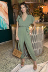 Khaki V-Neck Short Sleeve Belted Elasticated Cuff Jumpsuit