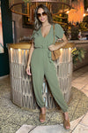 Khaki V-Neck Short Sleeve Belted Elasticated Cuff Jumpsuit