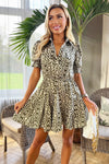 Khaki And Cream Print Shirt Skater Dress