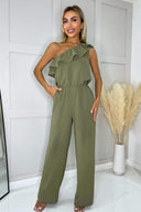 Khaki Frill One Shoulder Jumpsuit