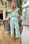 Green Printed Wrap Front Frill Sleeve Belted Jumpsuit