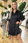 Black Frill Detail Gold Button Front Shirt Dress