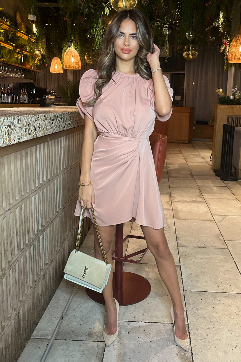 Blush Short Puff Sleeve Drape Skirt Mini Dress AX Paris