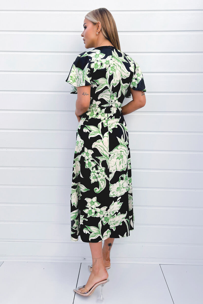 Multi Green And Black Floral Printed Short Sleeve Belted Wrap Midi Dress