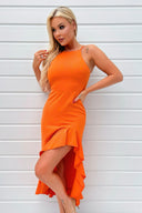 Blood Orange Racer Neck High Low Frill Hem Midi Dress