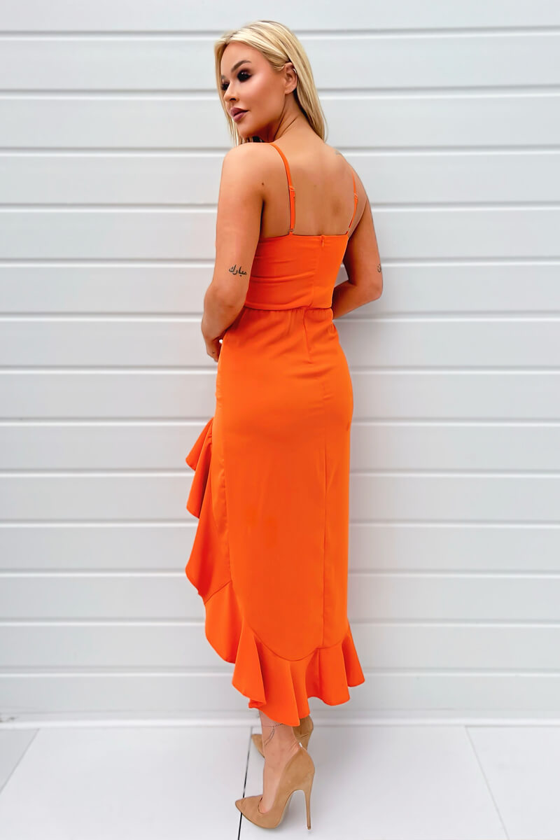 Blood Orange Racer Neck High Low Frill Hem Midi Dress