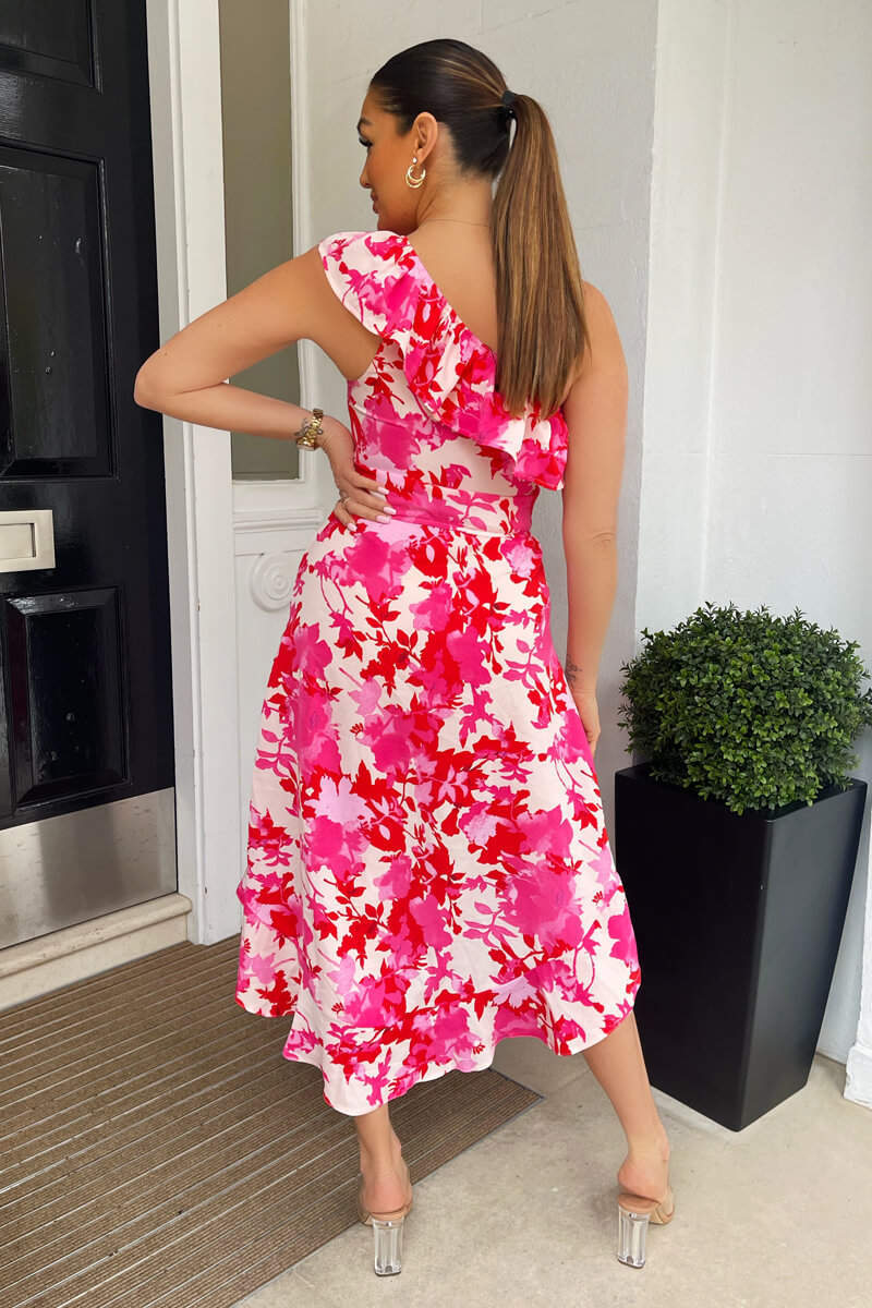 Pink Floral One Shoulder Frill Detail Dipped Hem Dress