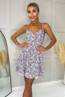 Blue Floral Strappy Wrap Top Frill Hem Dress