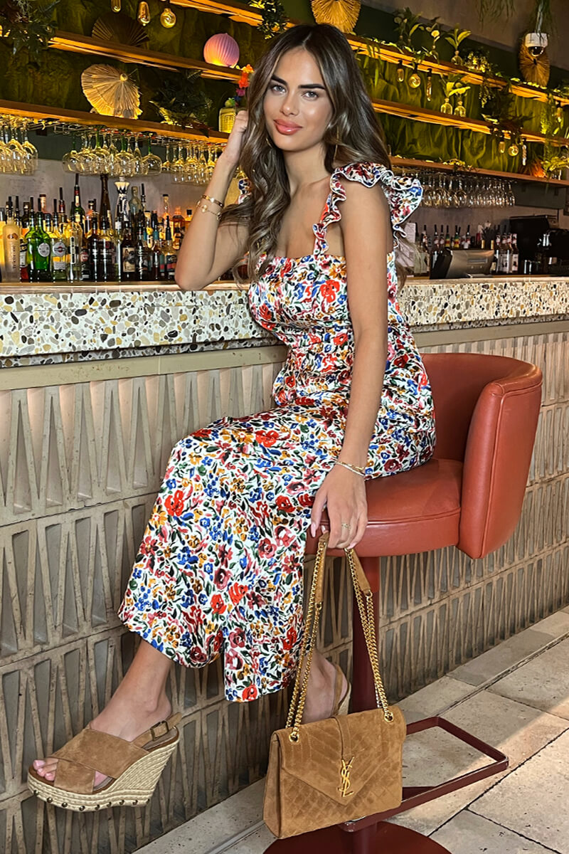 Multi Floral Print Frill Strap Jumpsuit