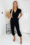 Black V Neck Short Sleeve Belted Elasticated Cuff Jumpsuit