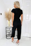 Black V Neck Short Sleeve Belted Elasticated Cuff Jumpsuit