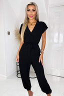 Black V Neck Short Sleeve Belted Elasticated Cuff Jumpsuit