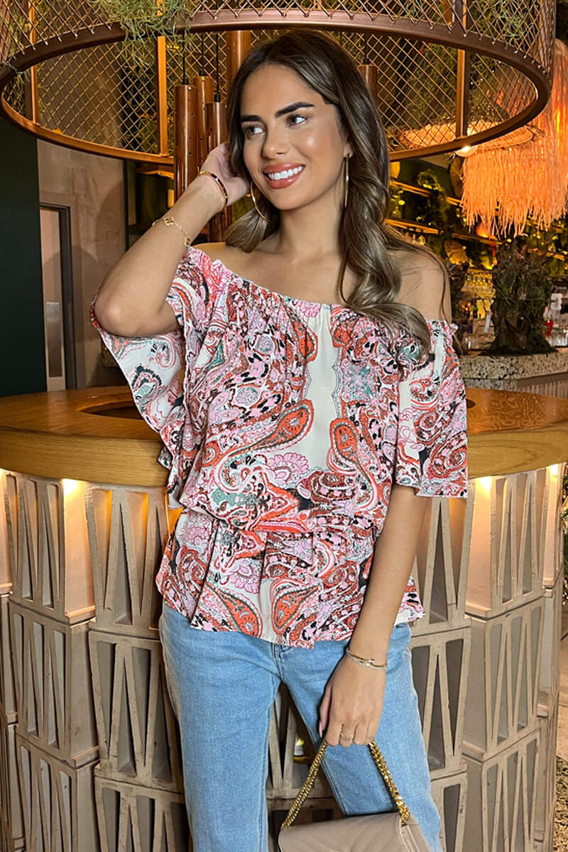 Multi Pink Tone Print Bardot Top