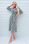 Green And Blue Geometric Multi Printed  3/4 Cuffed Sleeve Wrap Tie Midi Dress