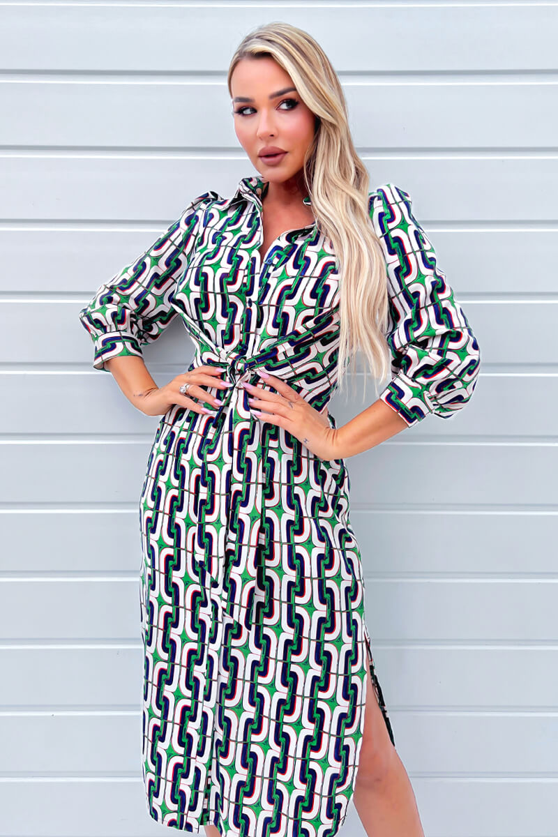 Green And Blue Geometric Multi Printed  3/4 Cuffed Sleeve Wrap Tie Midi Dress