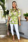 Green Floral Satin Ruched Shoulder Batwing Top