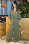 Khaki Wide Leg Trousers With Elasticated Waist