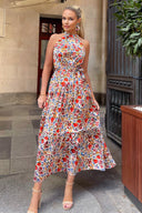 Multi Floral Print High Neck Tie Belt Midi Dress